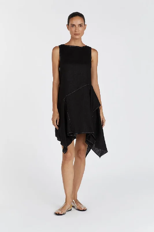 Mini Dresses with Soft Pleats -ELSIE BLACK LINEN MINI DRESS