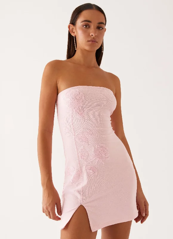 Mini Dresses with Embellished Skirt -Enora Beaded Mini Dress - Baby Pink