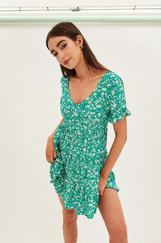 Mini Dresses for Day Trips -Floral Print Sun Dress Mini Short Sleeve V Neck