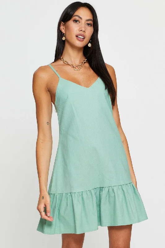 Mini Dresses with Sheer Layers -Green A Line Dress Mini V Neck