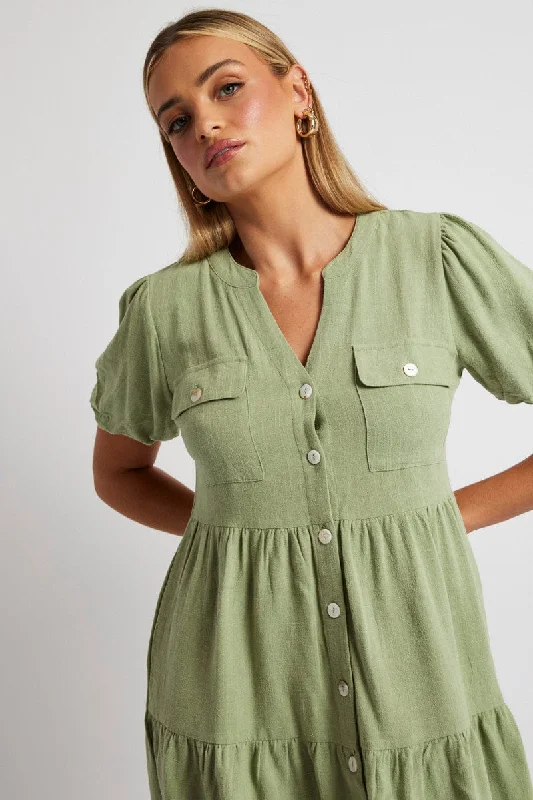 Mini Dresses with Keyhole Neckline -Green Button Through Mini Dress Collar Linen Blend