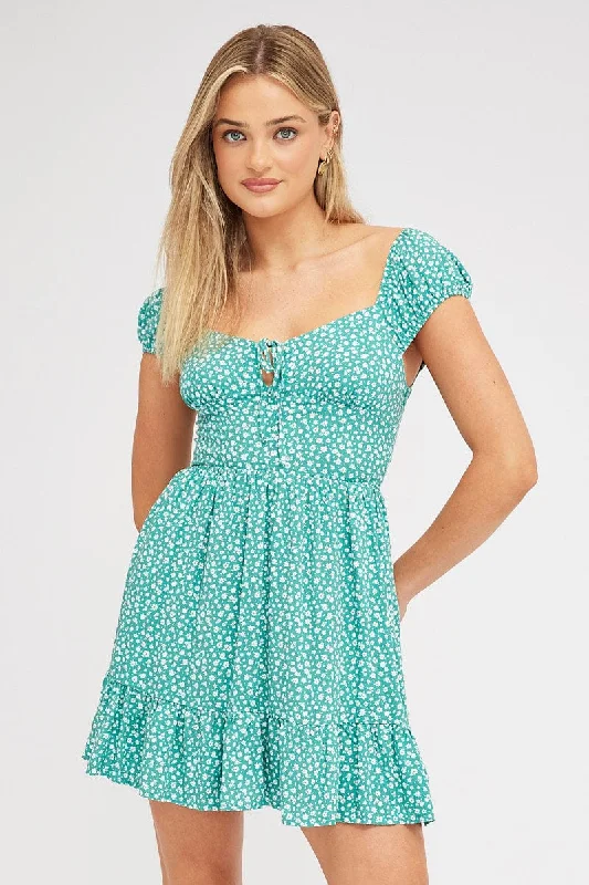 Mini Dresses with Boat Neck -Green Ditsy Fit And Flare Dress Mini