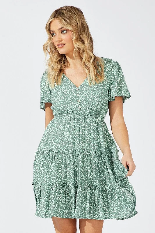 Mini Dresses for Festive Occasions -Green Ditsy Fit And Flare Dress V-neck Mini