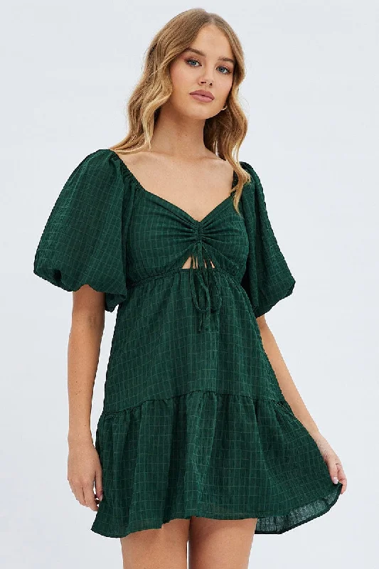 Mini Dresses with Gathered Waist -Green Fit And Flare Dress Mini Ruched Bust