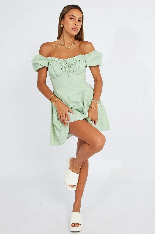 Mini Dresses with Simple Pleats -Green Fit And Flare Dress Puff Sleeve Mini