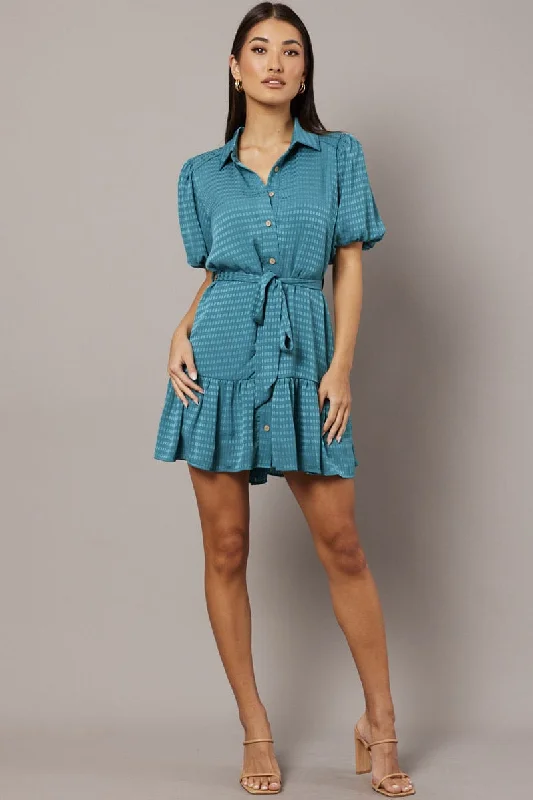 Mini Dresses with Stretch Waist -Green Fit And Flare Dress Short Sleeve Mini