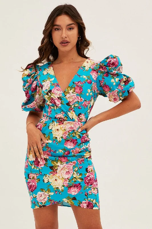 Mini Dresses with Floral Prints -Green Floral Mini Dress Puff Sleeve V-Neck