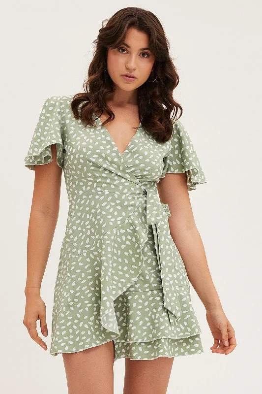 Mini Dresses for Dinner Events -Green Geo Wrap Mini Dress