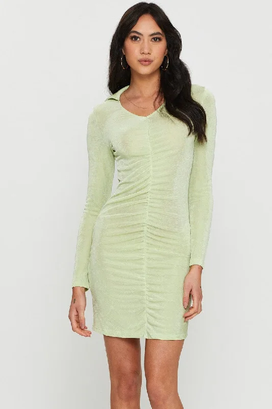 Mini Dresses with Embroidered Top -Green Mini Dress Long Sleeve