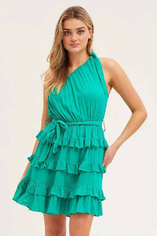 Mini Dresses with Lace Waist -Green Mini Dress One Shoulder Sleeveless