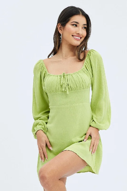 Mini Dresses with Sheer Fabric -Green Mini Dress Ruched Bust Long Sleeve