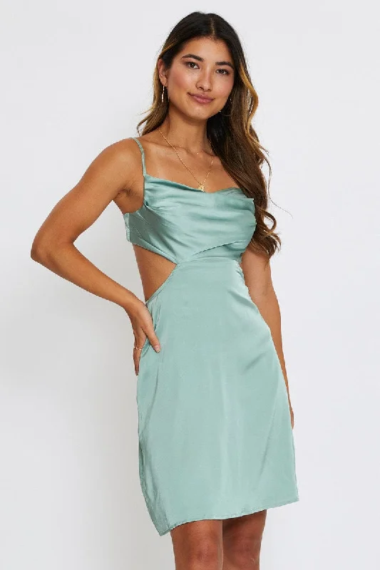 Mini Dresses with Bold Color Palette -Green Mini Dress Satin