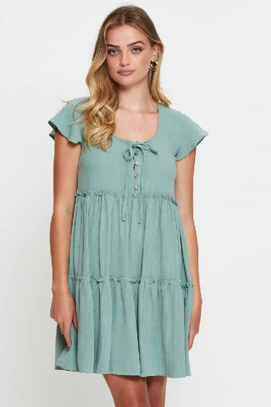 Mini Dresses with Fitted Waist -Green Mini Dress Short Sleeve