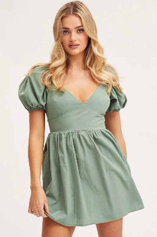 Mini Dresses with Light Sheer Fabric -Green Mini Dress Short Sleeve