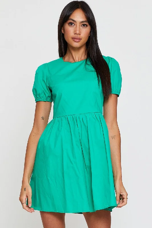 Mini Dresses for Trendy Outfits -Green Mini Dress Short Sleeve Round Neck