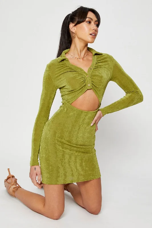 Mini Dresses with Floral Embroidered Hem -Green Mini Dress Slinky Jersey Cut Out