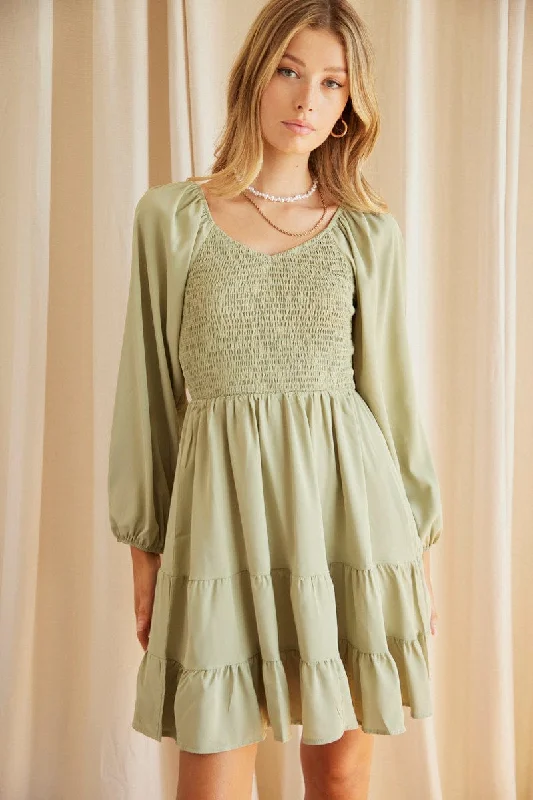 Mini Dresses with V Back Design -Green Shirred Dress Long Sleeve Mini