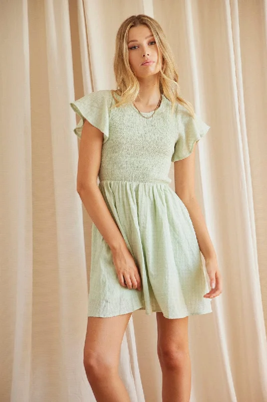 Mini Dresses with Printed Floral Design -Green Shirred Skater Mini Dress