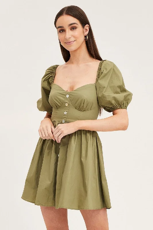 Mini Dresses with Ruched Waist -Green Skater Dress Puff Sleeve Mini Sweet Heart Neck