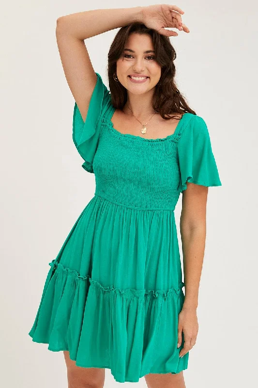 Mini Dresses with Bow Tie Waist -Green Skater Dress Short Sleeve Mini