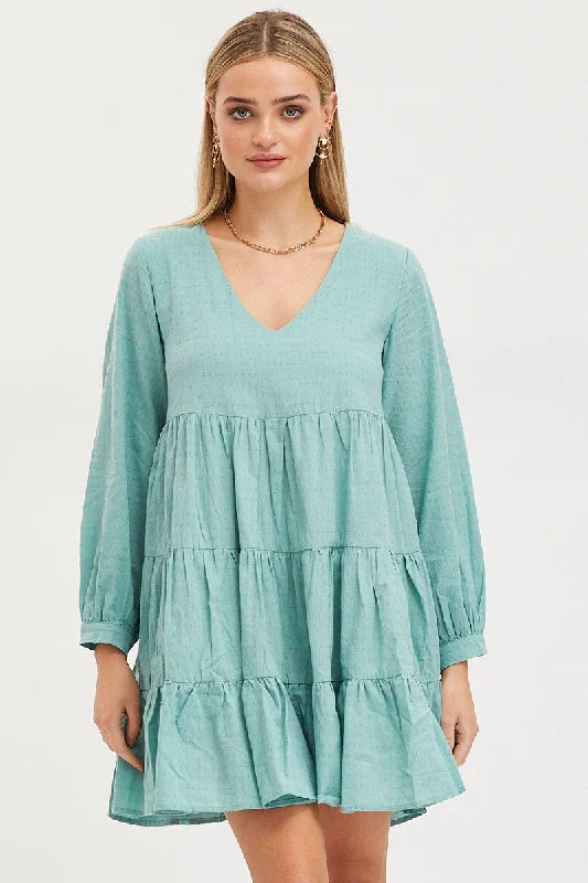 Mini Dresses with Belted Waistband -Green Smock Dress Long Sleeve Mini