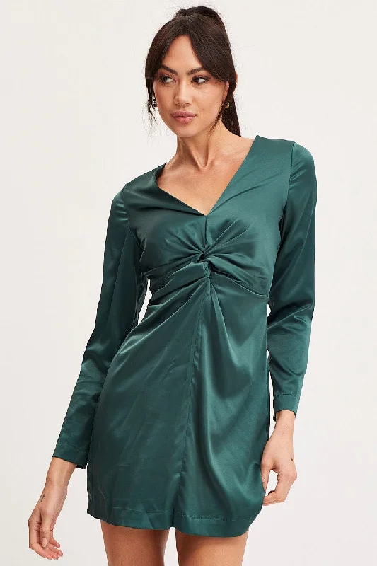 Mini Dresses with Tiered Skirt Design -Green Twist Front Dress Long Sleeve Mini