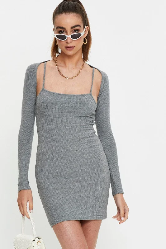 Mini Dresses with Gathered Waist -Grey Ribbed Shrug & Mini Dress Co-Ord