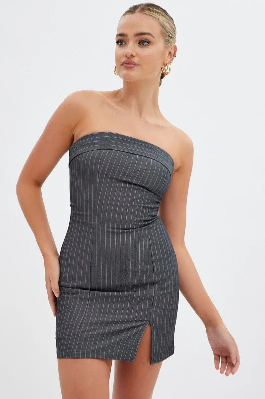 Mini Dresses with Flounce Detail -Grey Stripe Bodycon Dress Strapless Boob Tube Mini