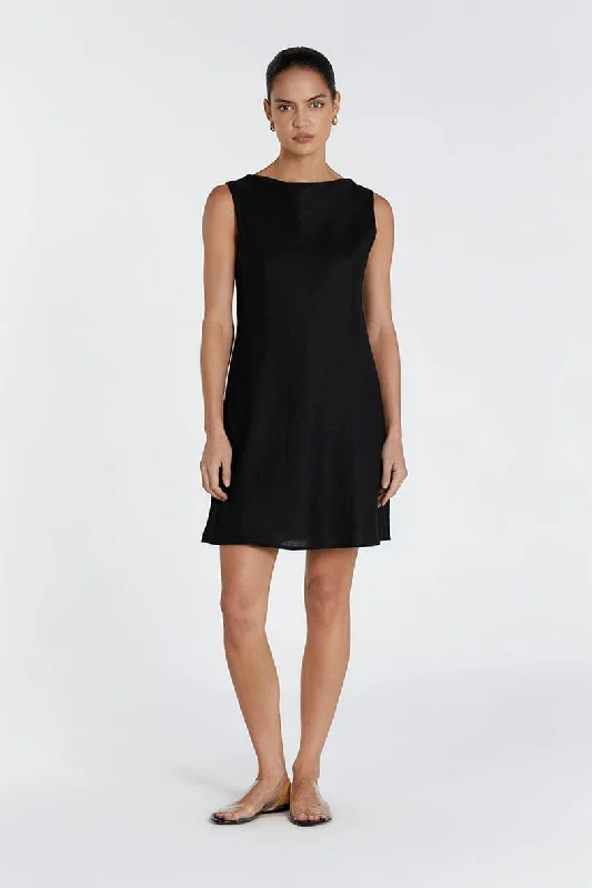 Mini Dresses with Ribbed Fabric -HARMONY BLACK COWL LINEN MINI DRESS