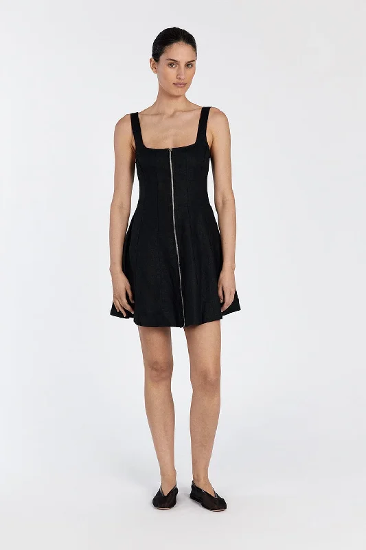 Mini Dresses for Cocktail Events -HARRIET BLACK LINEN MINI DRESS