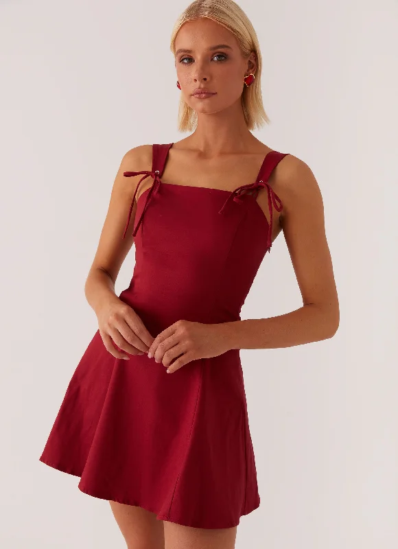 Mini Dresses with Ruffled Skirt -Jamaya Tie Mini Dress - Red