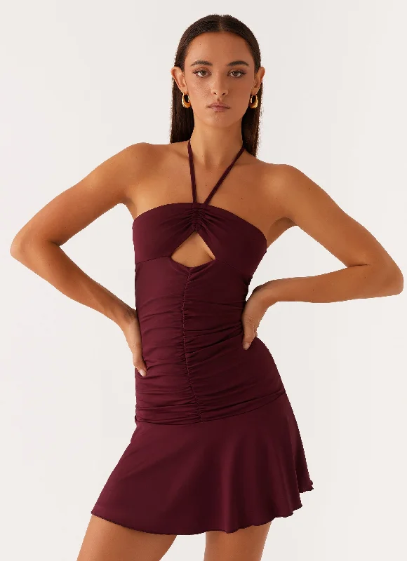 Mini Dresses with Drape Effect -Katrina Halterneck Mini Dress - Deep Maroon