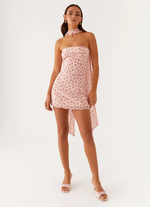 Mini Dresses with Side Cutouts -Kiesha Strapless Scarf Mini Dress - Pink Flower