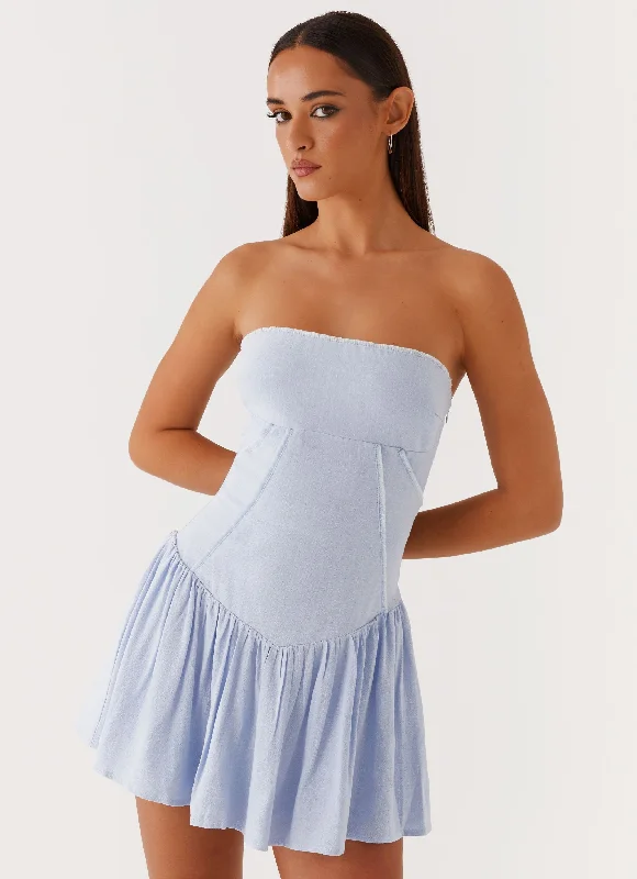 Mini Dresses with Smocked Waist -Larnie Linen Mini Dress - Blue