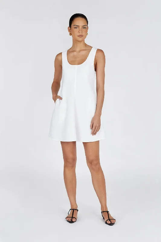 Mini Dresses with Textured Fabric -MONICA WHITE LINEN SCOOP MINI DRESS