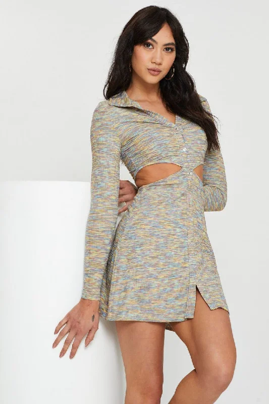 Mini Dresses with V Back Design -Multi Mini Dress Long Sleeve