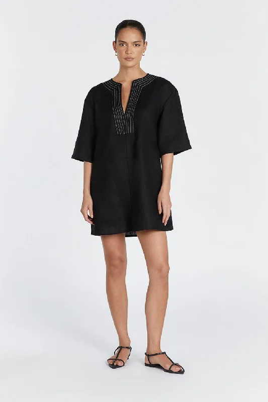 Mini Dresses with Sleek Look -NALA BLACK LINEN MINI SMOCK DRESS