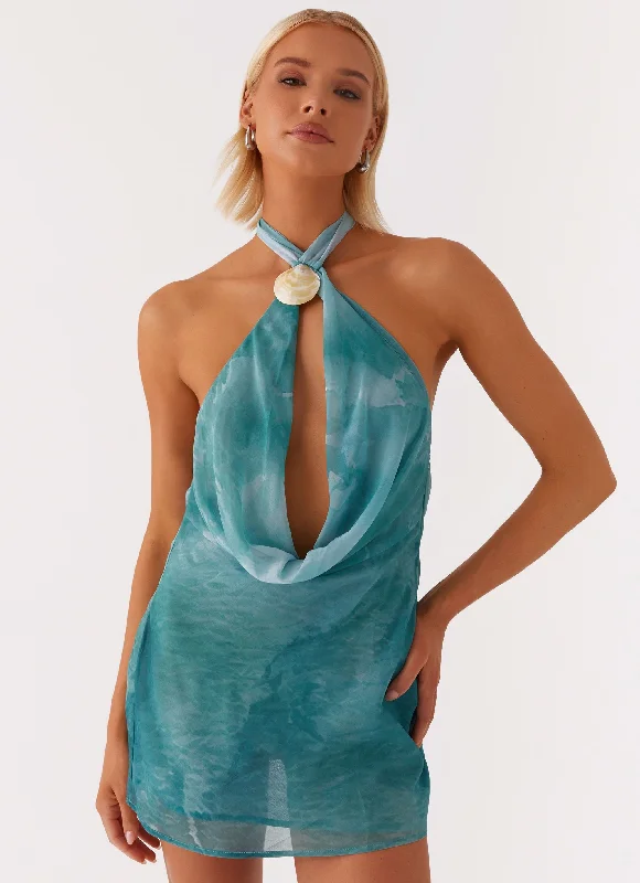 Mini Dresses with Flowy Design -Oceans Away Deep Cowl Mini Dress - Green Tie Dye