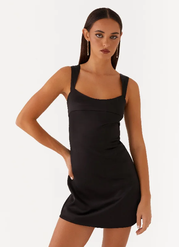 Mini Dresses with Shiny Metallic Finish -Odette Satin Mini Dress - Black