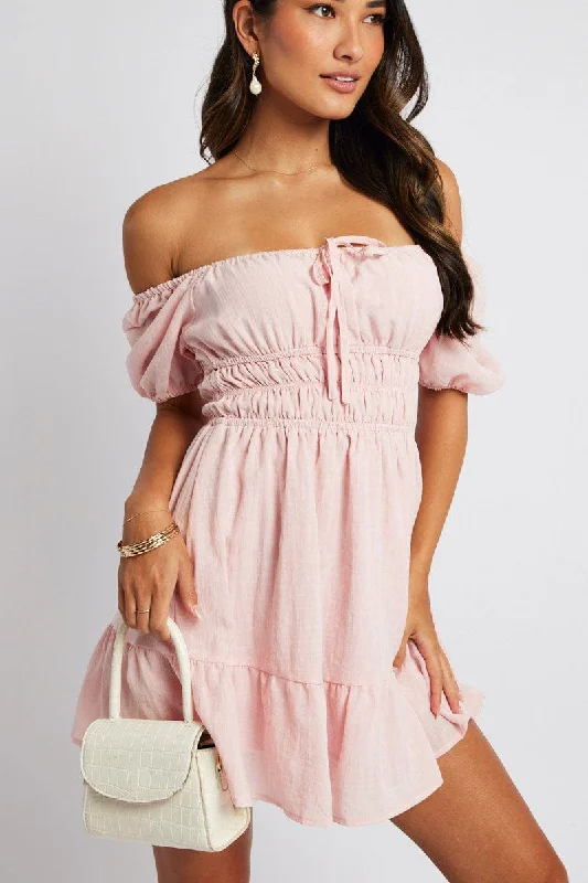 Mini Dresses for Bridal Showers -Pink Fit And Flare Dress Puff Sleeve Mini