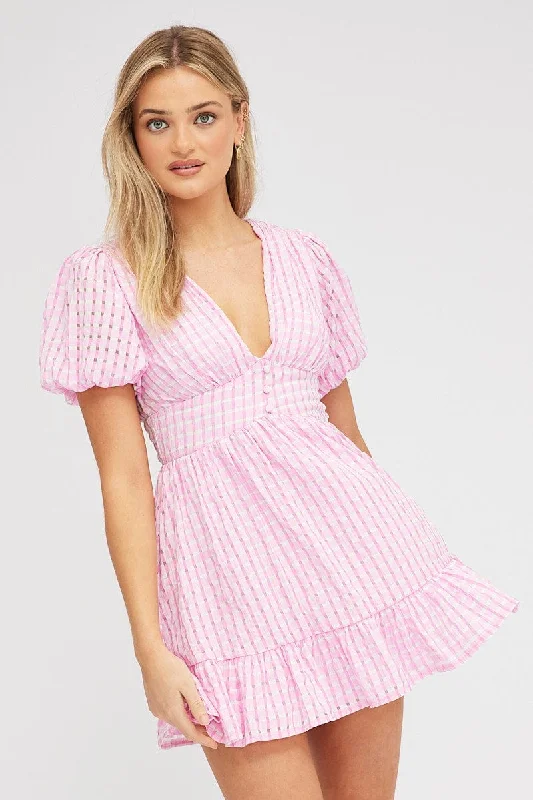 Mini Dresses with Floral Applique -Pink Fit And Flare Dress Puff Sleeve Mini