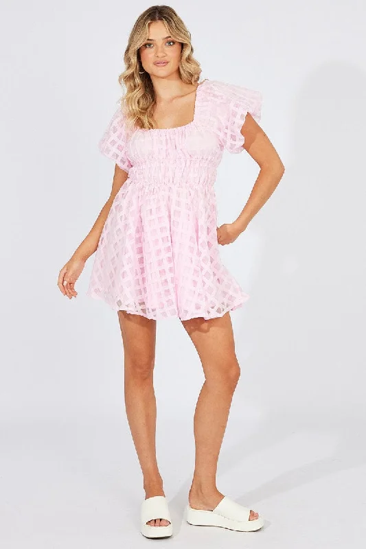 Mini Dresses with Geometric Print -Pink Fit And Flare Dress Puff Sleeve Mini