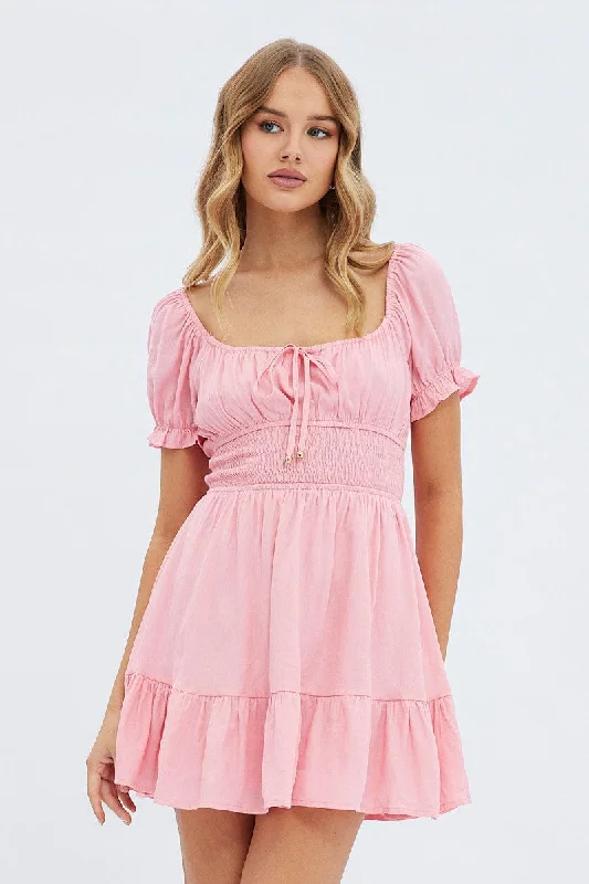 Mini Dresses with Simple Waistline -Pink Fit And Flare Dress Short Sleeve Mini