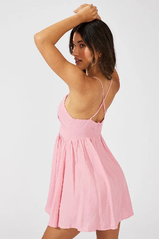 Mini Dresses with Detailed Fabric -Pink Fit And Flare Dress Sleeveless Mini