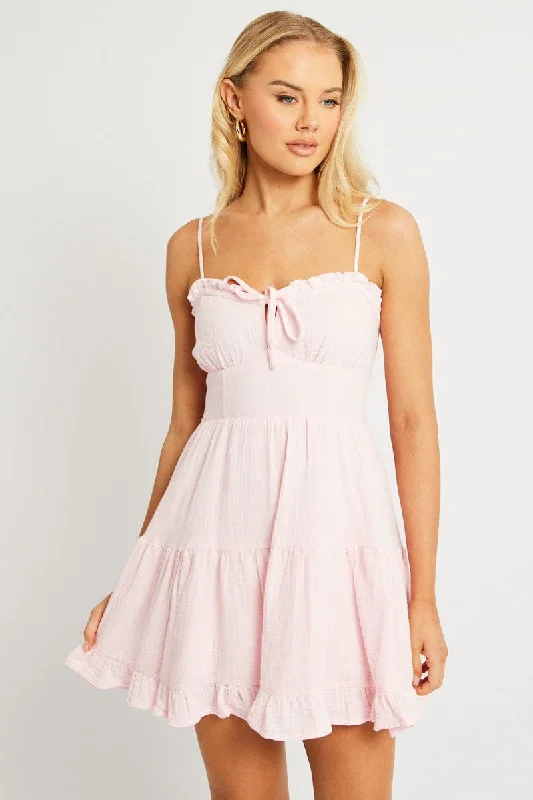 Mini Dresses with Embellished Waistband -Pink Fit And Flare Dress Strappy Mini