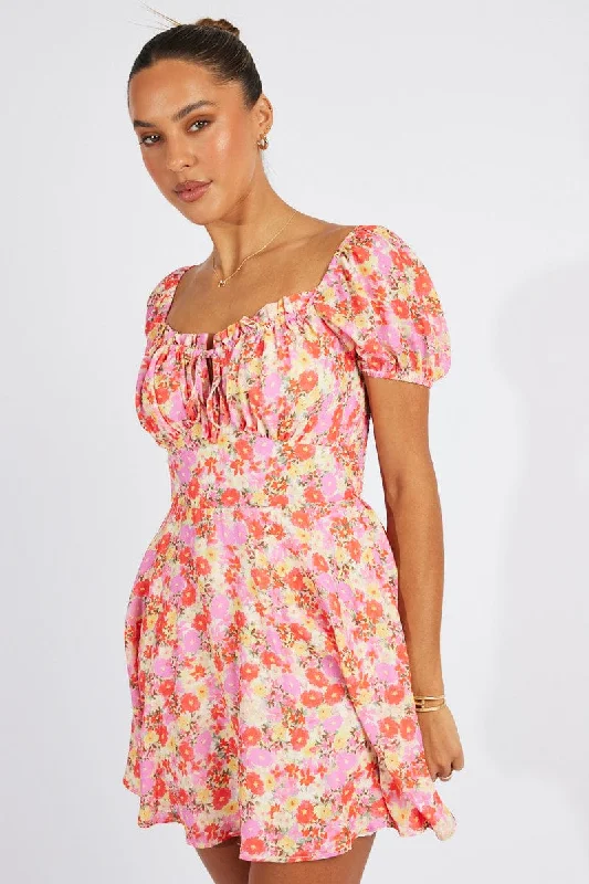 Mini Dresses with Straight Cut -Pink Floral Fit And Flare Dress Puff Sleeve Mini