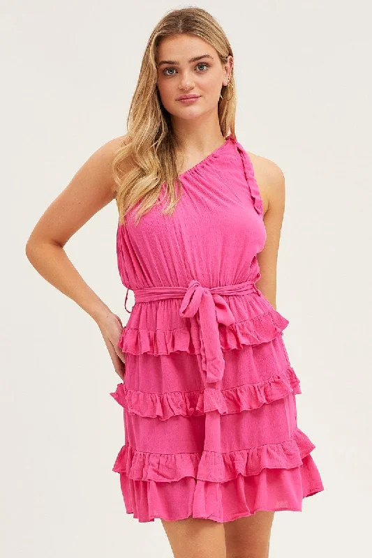 Mini Dresses with Sheer Bodice Detail -Pink Mini Dress One Shoulder Sleeveless