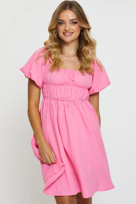 Mini Dresses for Garden Soirees -Pink Mini Dress Short Sleeve