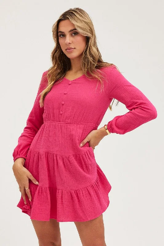 Mini Dresses with Wrap Skirt Design -Pink Skater Dress Long Sleeve Mini