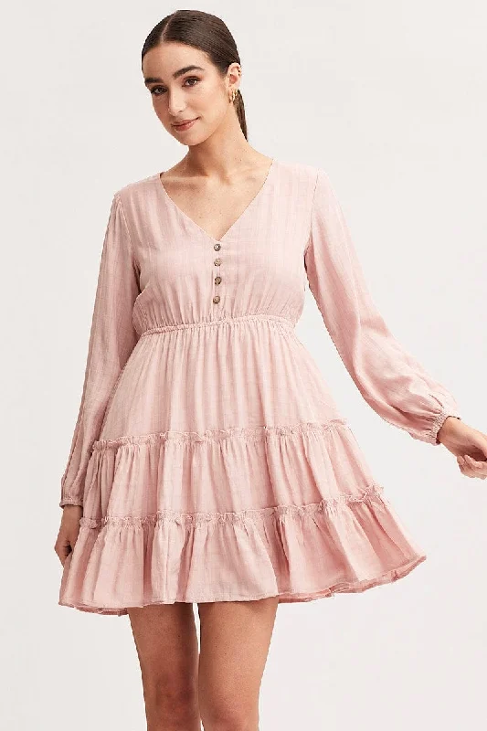 Mini Dresses for Night-Event Style -Pink Skater Dress Long Sleeve Mini